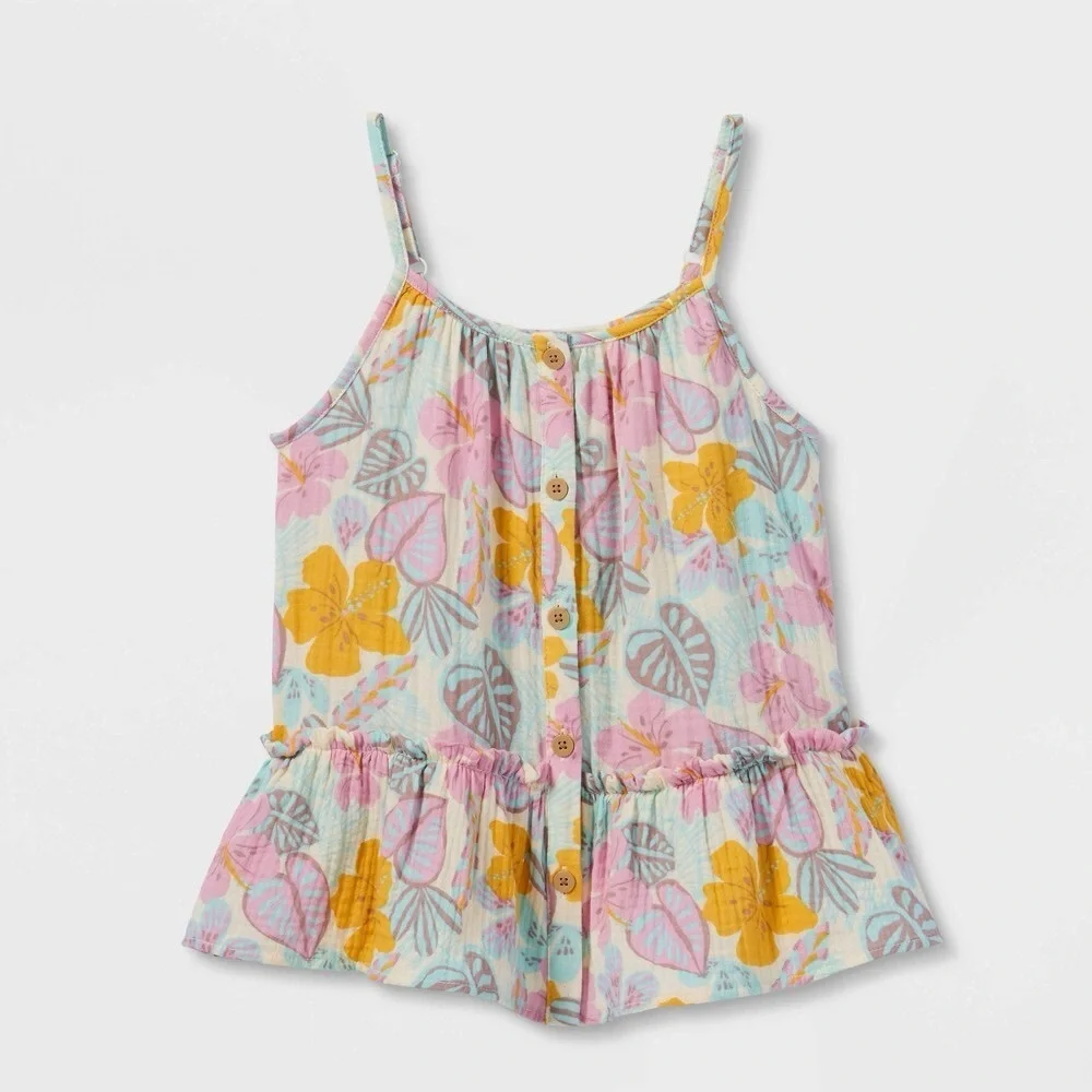 Cat & Jack Girls Tropical Floral Gauze Tiered Tank Top Size 6/6X